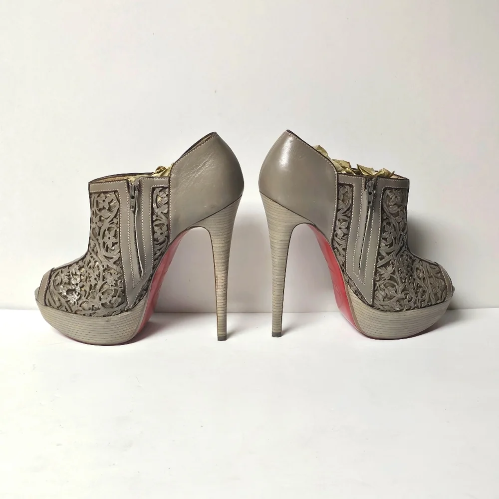 Christian Louboutin Brown Laser-Cut Leather Pampas 150 Peep Toe Ankle Boots Size - Picture 5 of 9